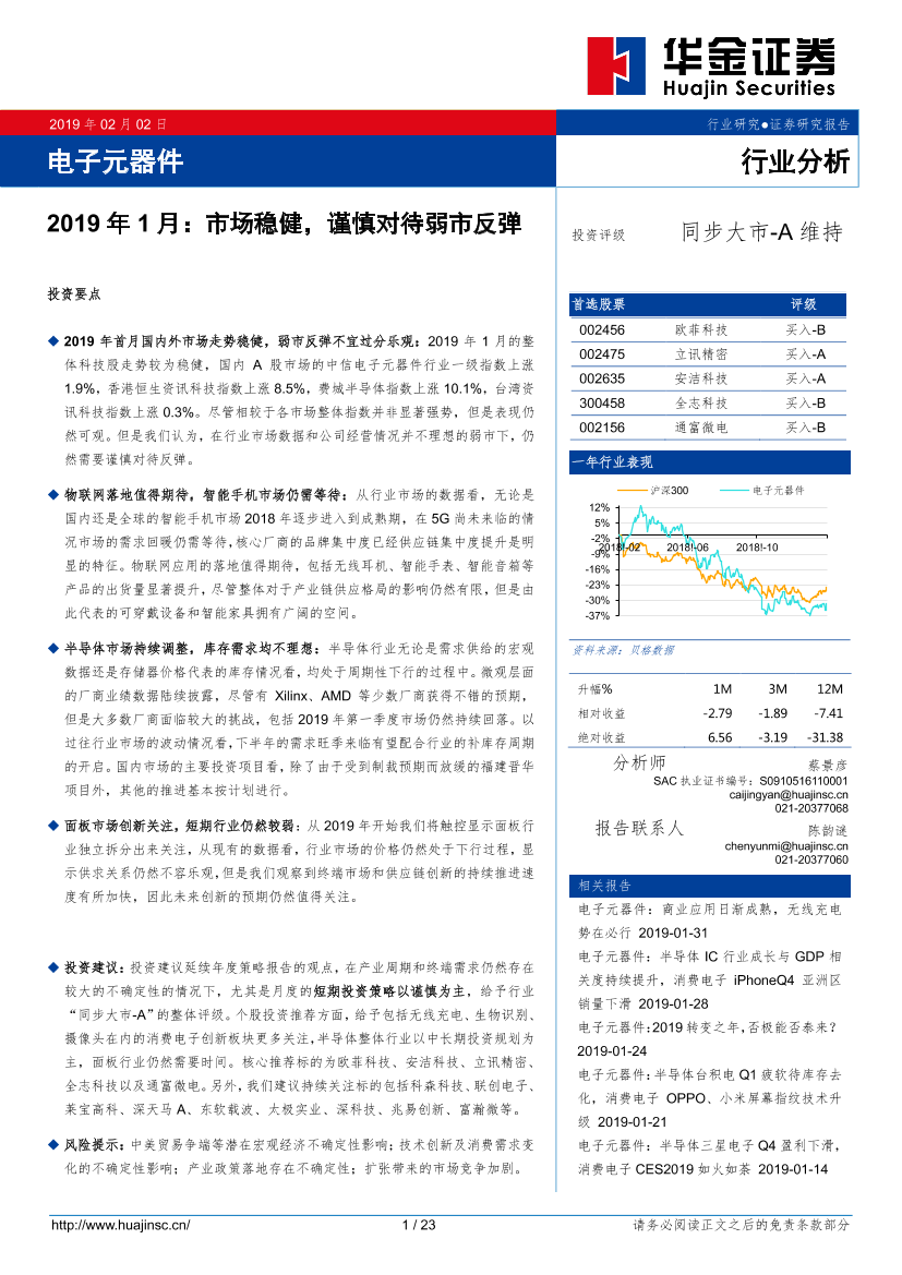 电子元器件行业：2019年1月，市场稳健，谨慎对待弱市反弹-20190202-华金证券-23页电子元器件行业：2019年1月，市场稳健，谨慎对待弱市反弹-20190202-华金证券-23页_1.png