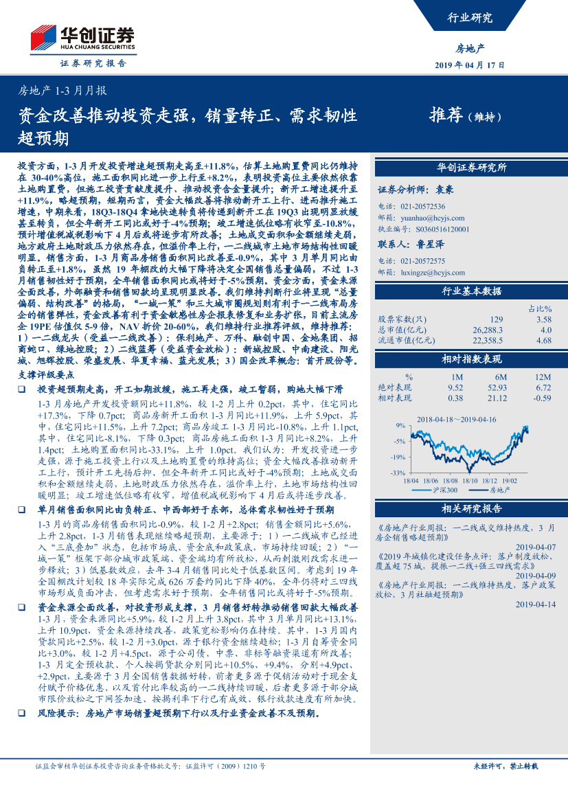 房地产行业1~3月月报：资金改善推动投资走强，销量转正、需求韧性超预期-20190417-华创证券-14页房地产行业1~3月月报：资金改善推动投资走强，销量转正、需求韧性超预期-20190417-华创证券-14页_1.png