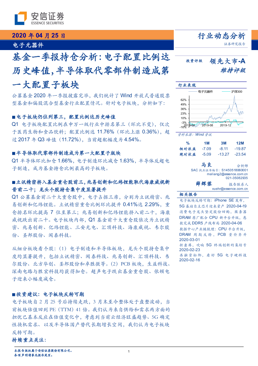 电子元器件行业：基金一季报持仓分析，电子配置比例达历史峰值，半导体取代零部件制造成第一大配置子板块-20200425-安信证券-10页电子元器件行业：基金一季报持仓分析，电子配置比例达历史峰值，半导体取代零部件制造成第一大配置子板块-20200425-安信证券-10页_1.png