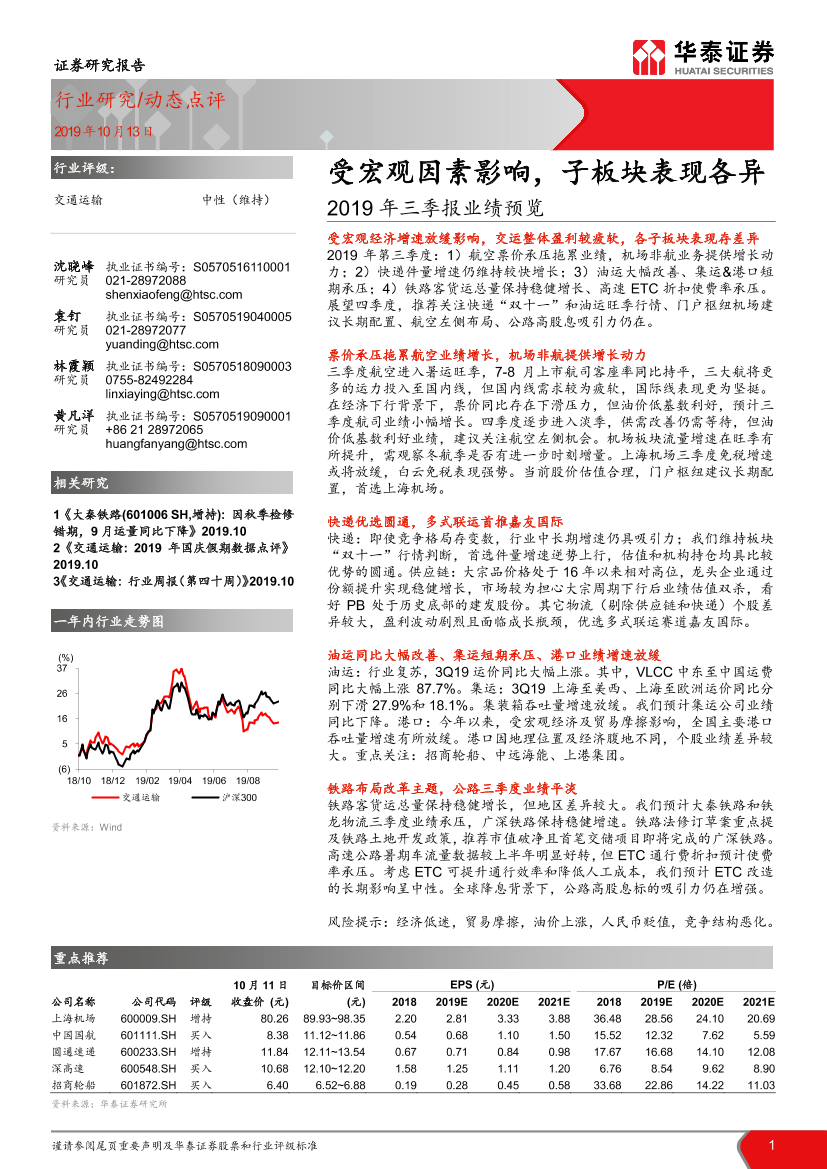 交通运输行业2019年三季报业绩预览：受宏观因素影响，子板块表现各异-20191013-华泰证券-21页交通运输行业2019年三季报业绩预览：受宏观因素影响，子板块表现各异-20191013-华泰证券-21页_1.png