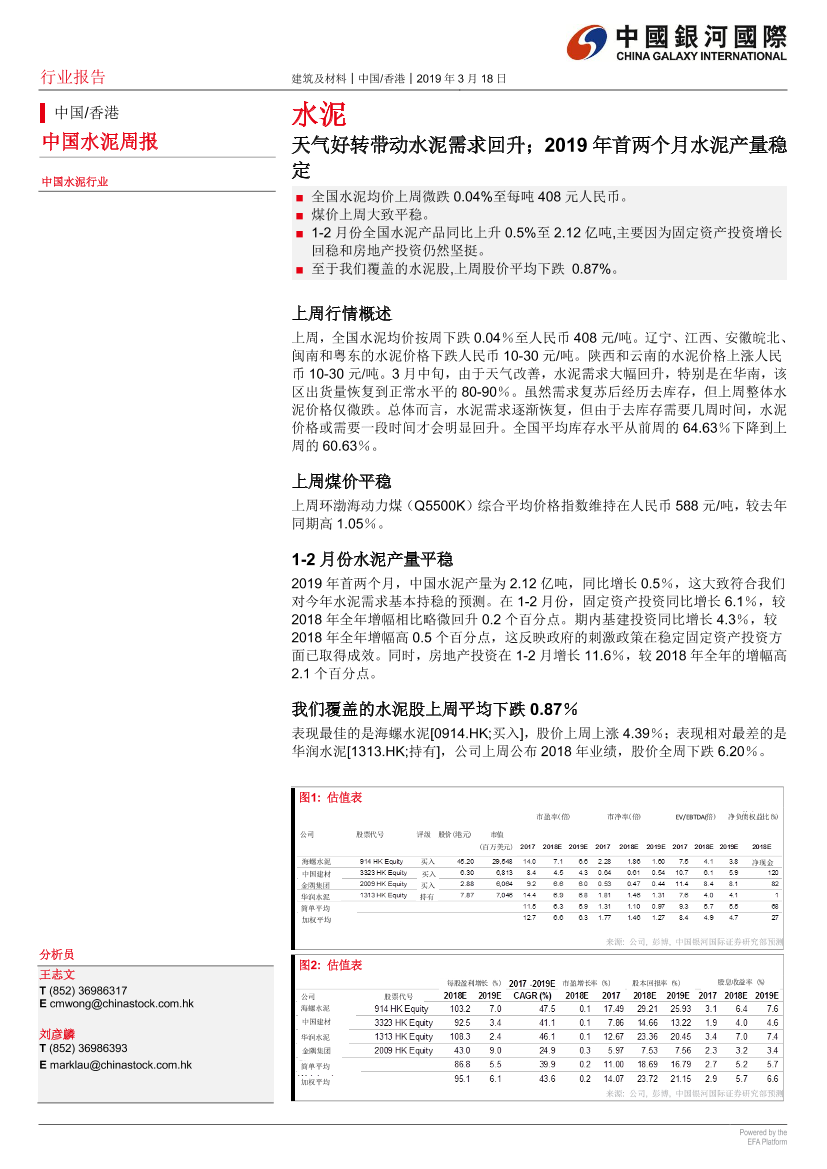 水泥行业：天气好转带动水泥需求回升；2019年首两个月水泥产量稳定-20190318-银河国际-12页水泥行业：天气好转带动水泥需求回升；2019年首两个月水泥产量稳定-20190318-银河国际-12页_1.png