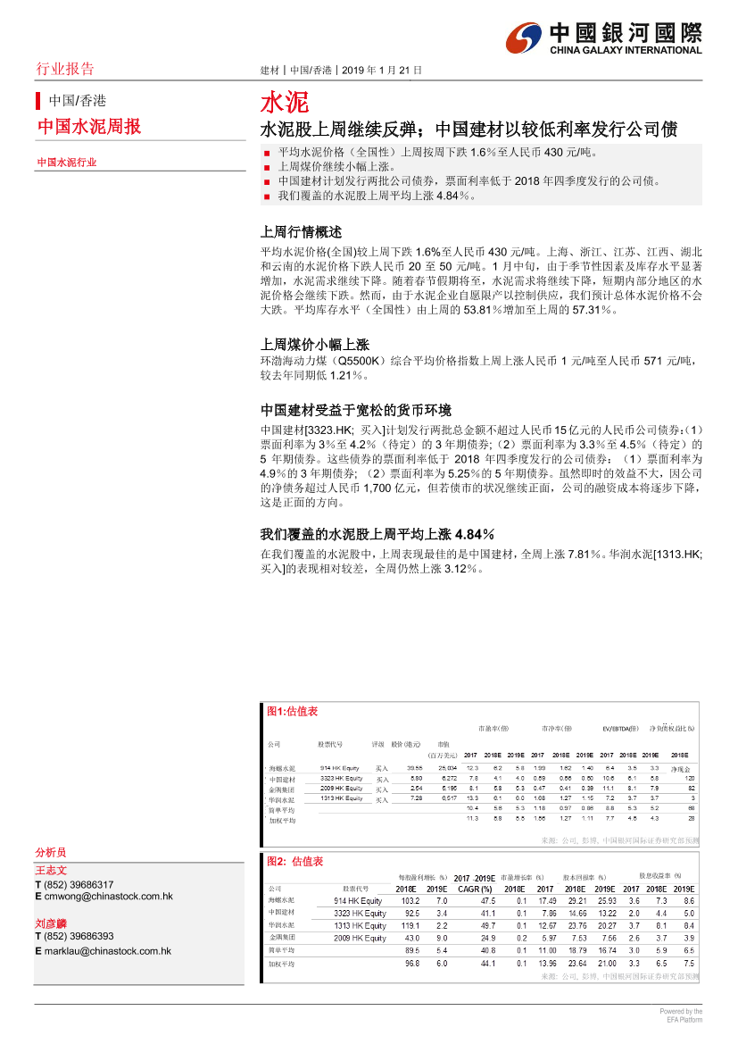 水泥行业：水泥股上周继续反弹，中国建材以较低利率发行公司债-20190121-银河国际-12页水泥行业：水泥股上周继续反弹，中国建材以较低利率发行公司债-20190121-银河国际-12页_1.png