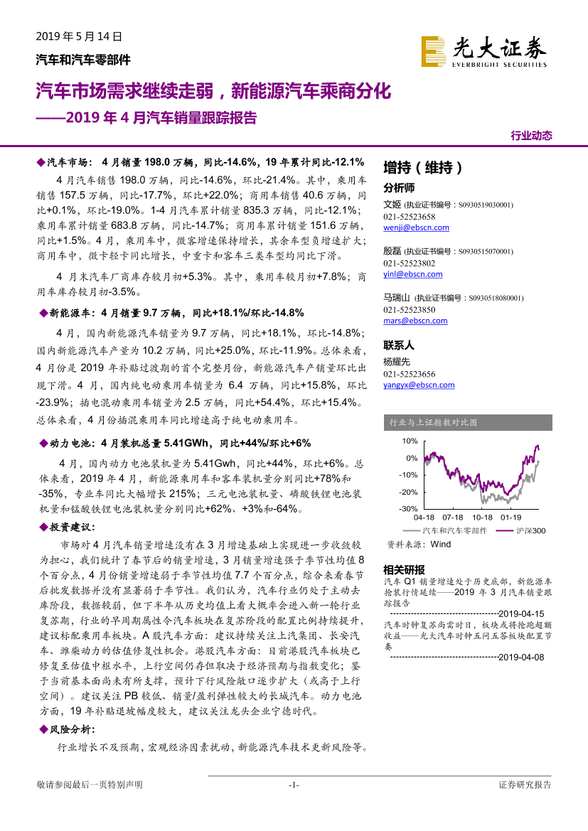 汽车和汽车零部件行业2019年4月汽车销量跟踪报告：汽车市场需求继续走弱，新能源汽车乘商分化-20190514-光大证券-16页汽车和汽车零部件行业2019年4月汽车销量跟踪报告：汽车市场需求继续走弱，新能源汽车乘商分化-20190514-光大证券-16页_1.png