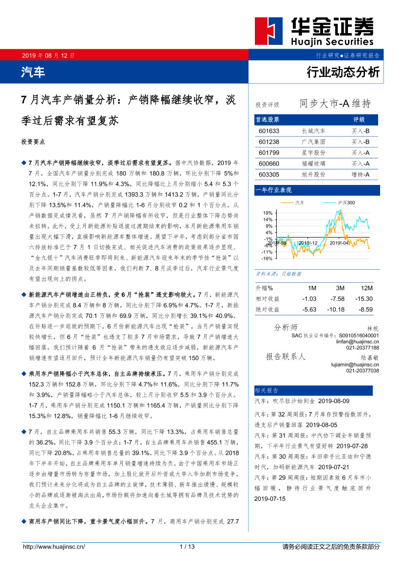 汽车行业7月汽车产销量分析：产销降幅继续收窄，淡季过后需求有望复苏-20190812-华金证券-13页汽车行业7月汽车产销量分析：产销降幅继续收窄，淡季过后需求有望复苏-20190812-华金证券-13页_1.png