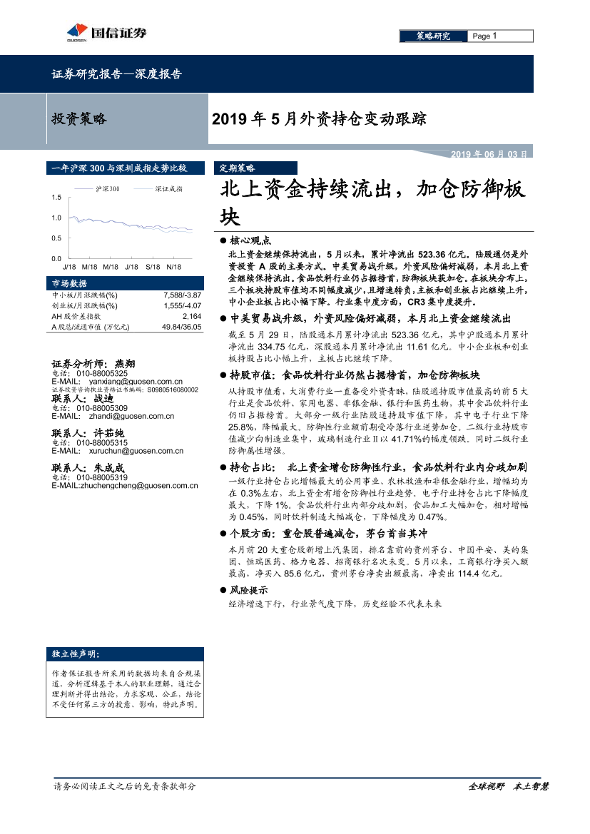 2019年5月外资持仓变动跟踪：北上资金持续流出，加仓防御板块-20190603-国信证券-20页2019年5月外资持仓变动跟踪：北上资金持续流出，加仓防御板块-20190603-国信证券-20页_1.png