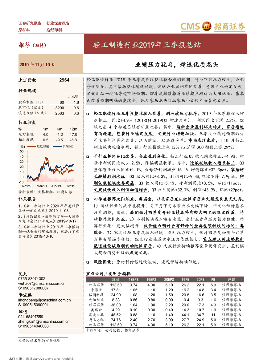 轻工制造行业2019年三季报总结：业绩压力犹存，精选优质龙头-20191110-招商证券-10页轻工制造行业2019年三季报总结：业绩压力犹存，精选优质龙头-20191110-招商证券-10页_1.png