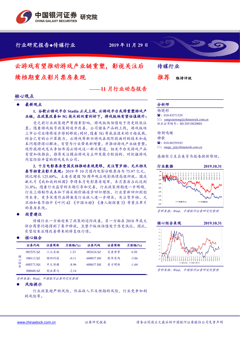 传媒行业11月行业动态报告：云游戏有望推动游戏产业链重塑，影视关注后续档期重点影片票房表现-20191129-银河证券-42页传媒行业11月行业动态报告：云游戏有望推动游戏产业链重塑，影视关注后续档期重点影片票房表现-20191129-银河证券-42页_1.png