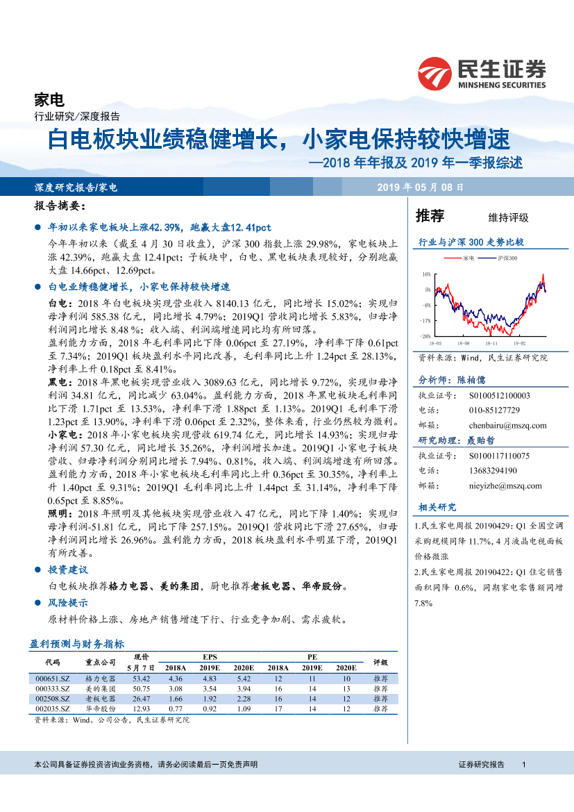 家电行业2018年年报及2019年一季报综述：白电板块业绩稳健增长，小家电保持较快增速-20190508-民生证券-20页家电行业2018年年报及2019年一季报综述：白电板块业绩稳健增长，小家电保持较快增速-20190508-民生证券-20页_1.png