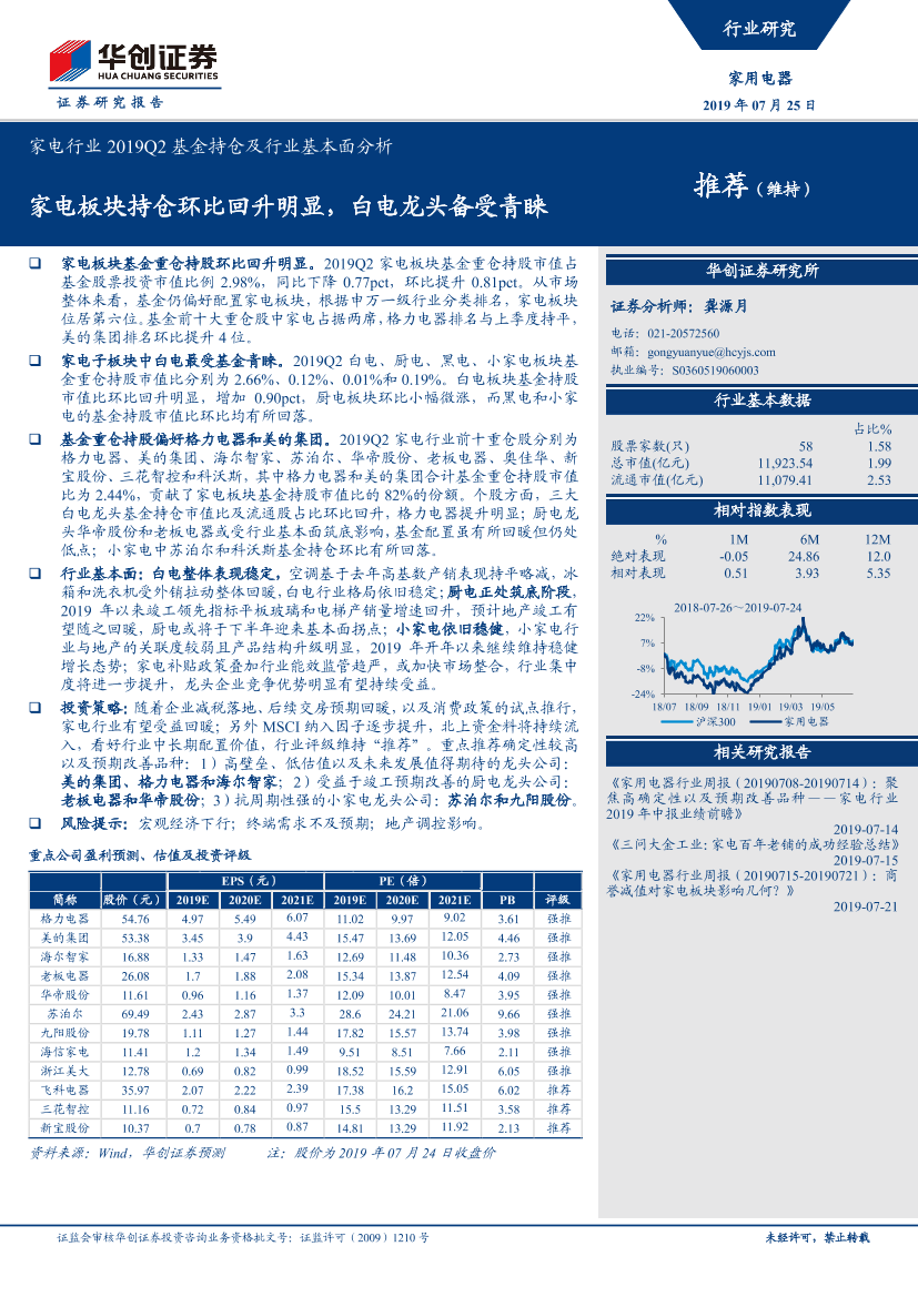 家电行业2019Q2基金持仓及行业基本面分析：家电板块持仓环比回升明显，白电龙头备受青睐-20190725-华创证券-20页家电行业2019Q2基金持仓及行业基本面分析：家电板块持仓环比回升明显，白电龙头备受青睐-20190725-华创证券-20页_1.png