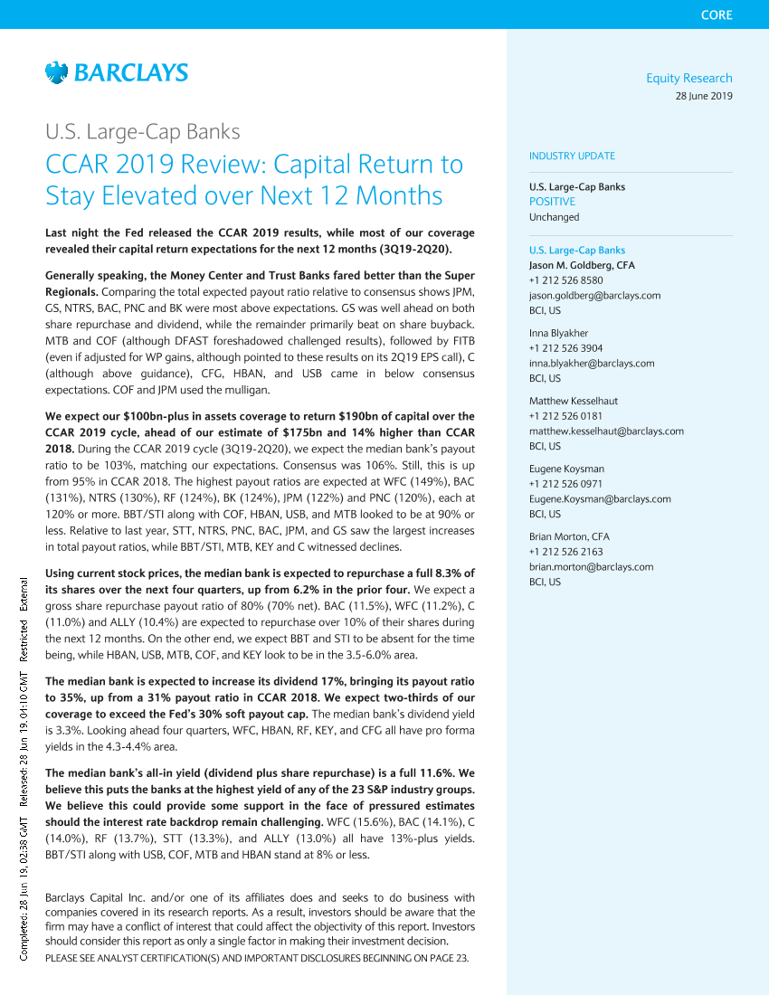 巴克莱-美股-银行业-美国大型银行业2019CCAR回顾：未来12个月资本回报率将保持高位-2019.6.28-29页巴克莱-美股-银行业-美国大型银行业2019CCAR回顾：未来12个月资本回报率将保持高位-2019.6.28-29页_1.png