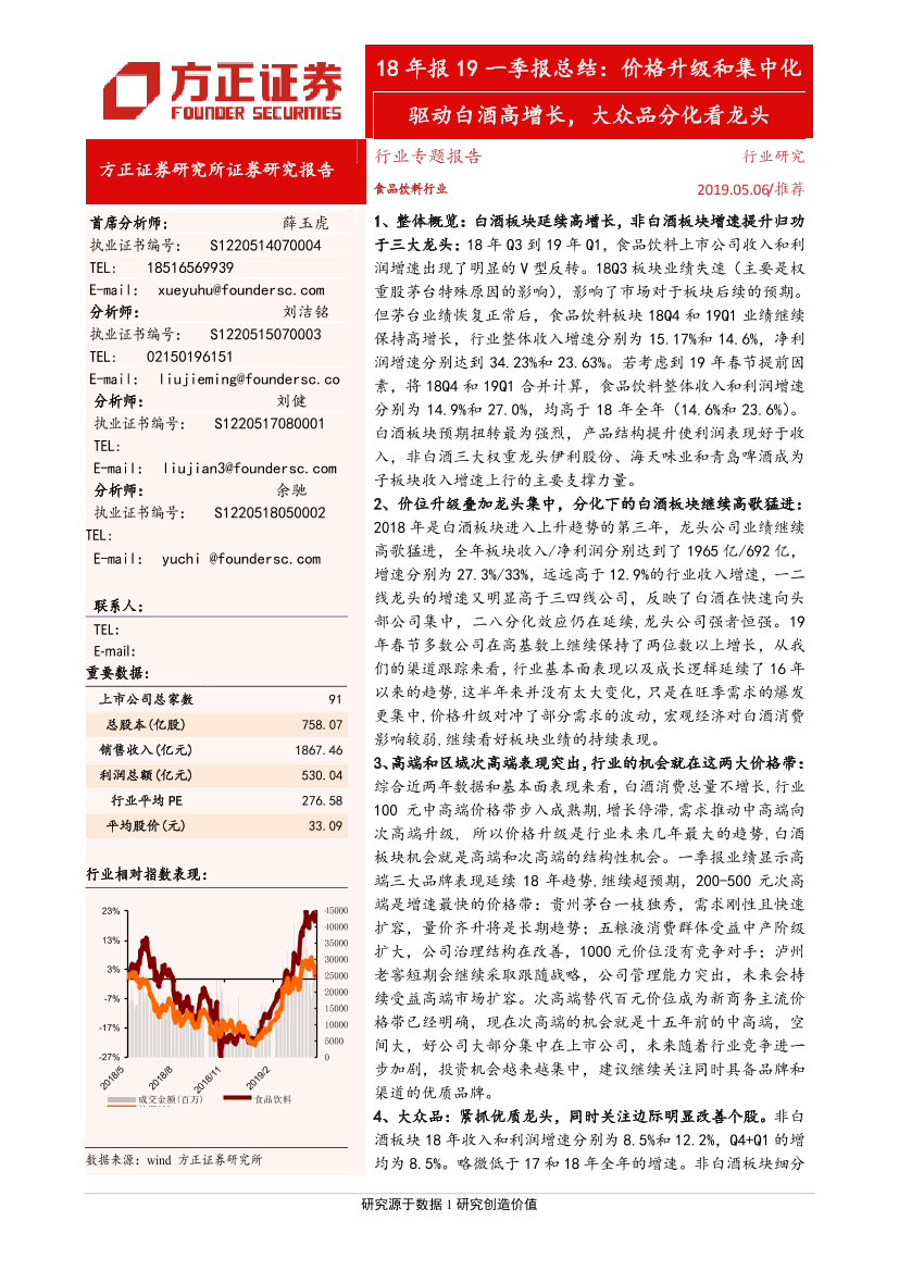 食品饮料行业18年报19一季报总结：价格升级和集中化驱动白酒高增长，大众品分化看龙头-20190506-方正证券-27页食品饮料行业18年报19一季报总结：价格升级和集中化驱动白酒高增长，大众品分化看龙头-20190506-方正证券-27页_1.png