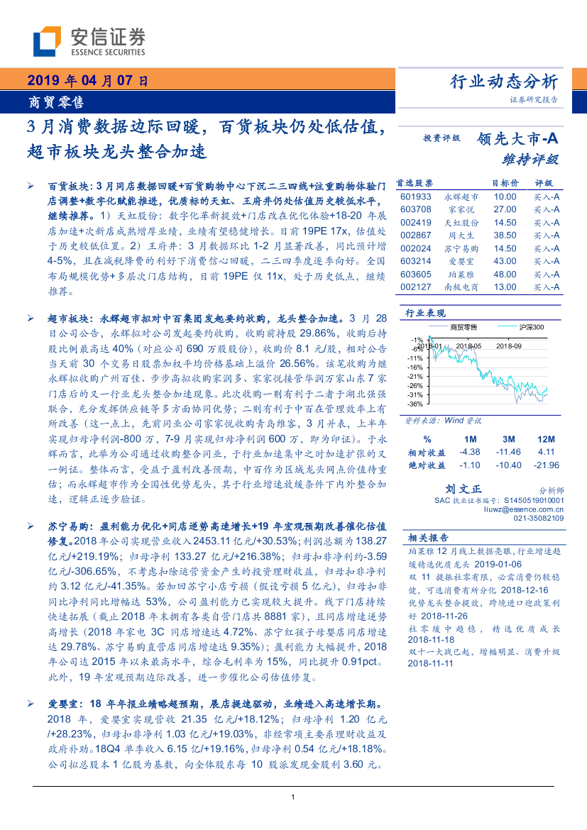 商贸零售行业：3月消费数据边际回暖，百货板块仍处低估值，超市板块龙头整合加速-20190407-安信证券-20页商贸零售行业：3月消费数据边际回暖，百货板块仍处低估值，超市板块龙头整合加速-20190407-安信证券-20页_1.png