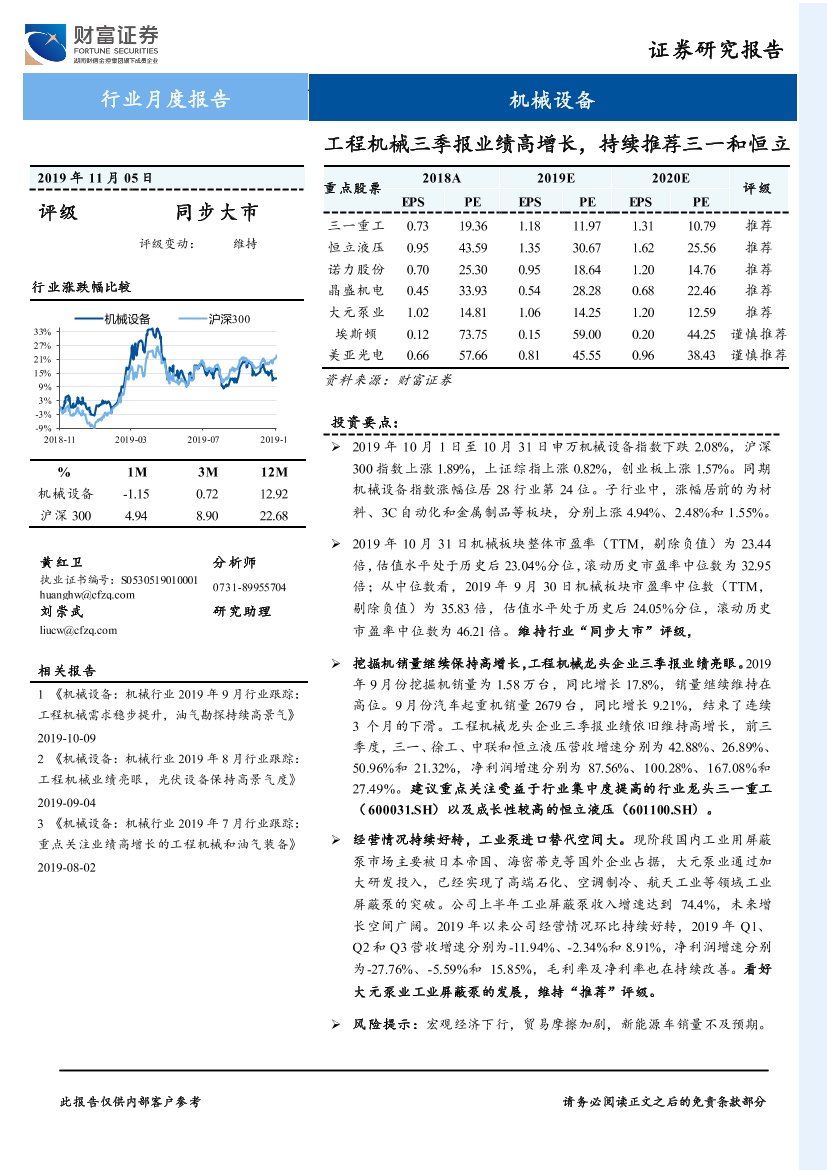 机械设备行业月度报告：工程机械三季报业绩高增长，持续推荐三一和恒立-20191105-财富证券-15页机械设备行业月度报告：工程机械三季报业绩高增长，持续推荐三一和恒立-20191105-财富证券-15页_1.png