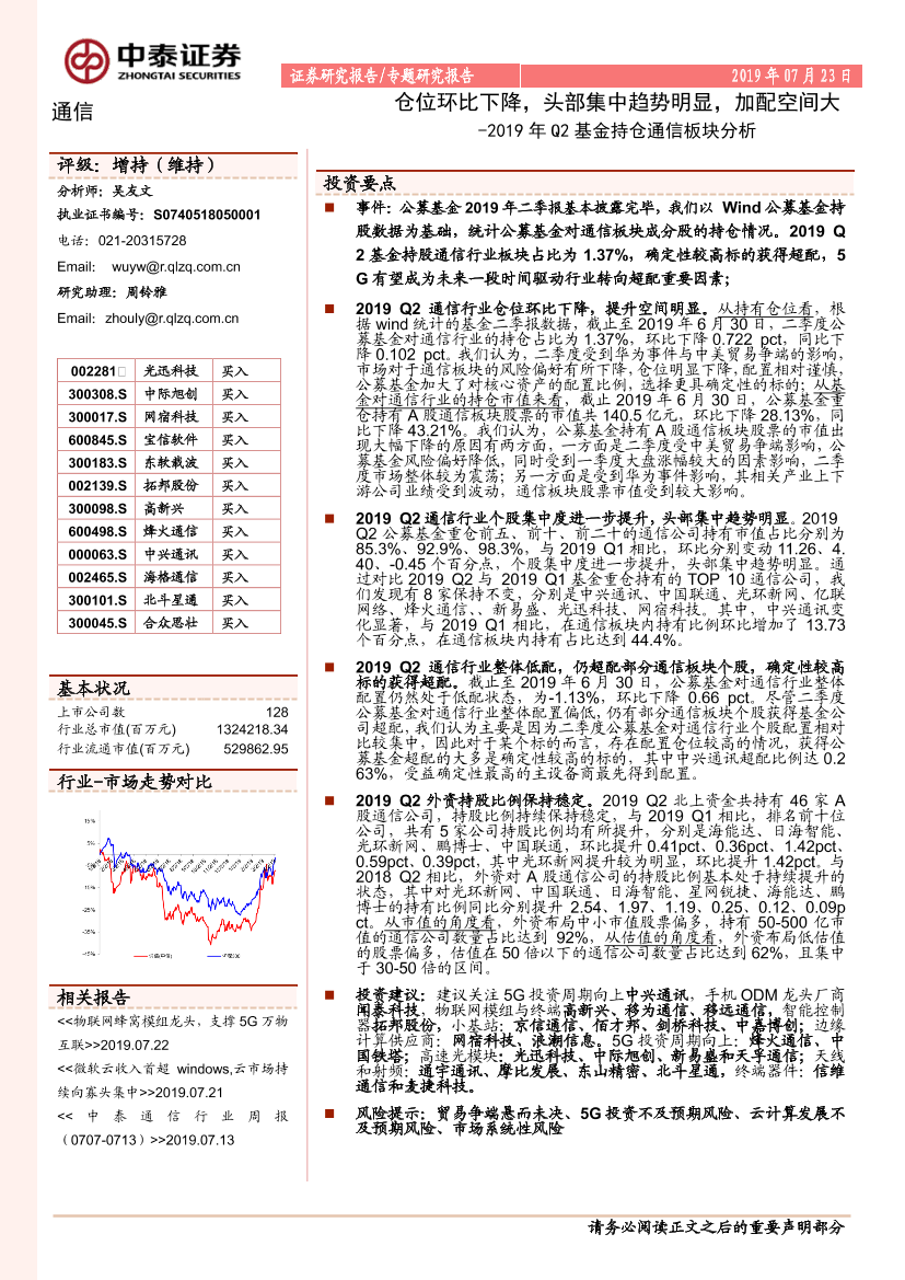 通信行业2019年Q2基金持仓通信板块分析：仓位环比下降，头部集中趋势明显，加配空间大-20190723-中泰证券-15页通信行业2019年Q2基金持仓通信板块分析：仓位环比下降，头部集中趋势明显，加配空间大-20190723-中泰证券-15页_1.png