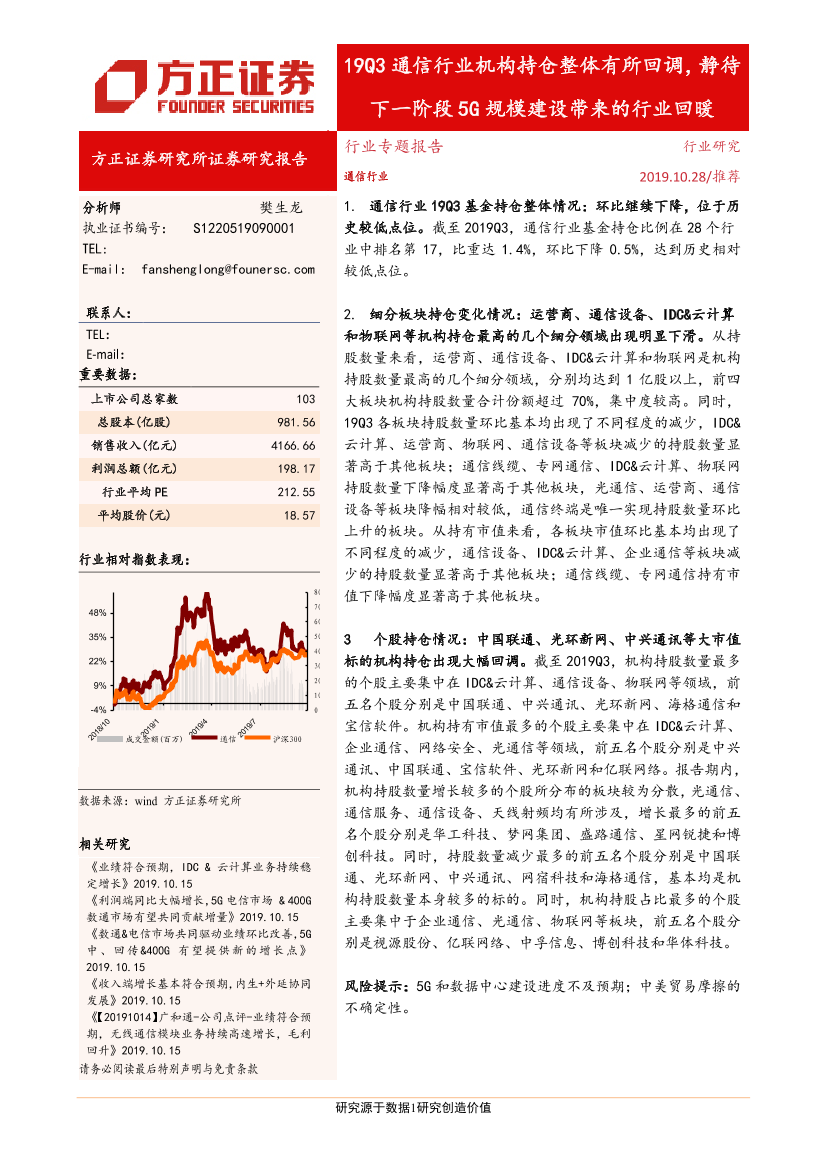 通信行业专题报告：19Q3通信行业机构持仓整体有所回调，静待下一阶段5G规模建设带来的行业回暖-20191028-方正证券-10页通信行业专题报告：19Q3通信行业机构持仓整体有所回调，静待下一阶段5G规模建设带来的行业回暖-20191028-方正证券-10页_1.png