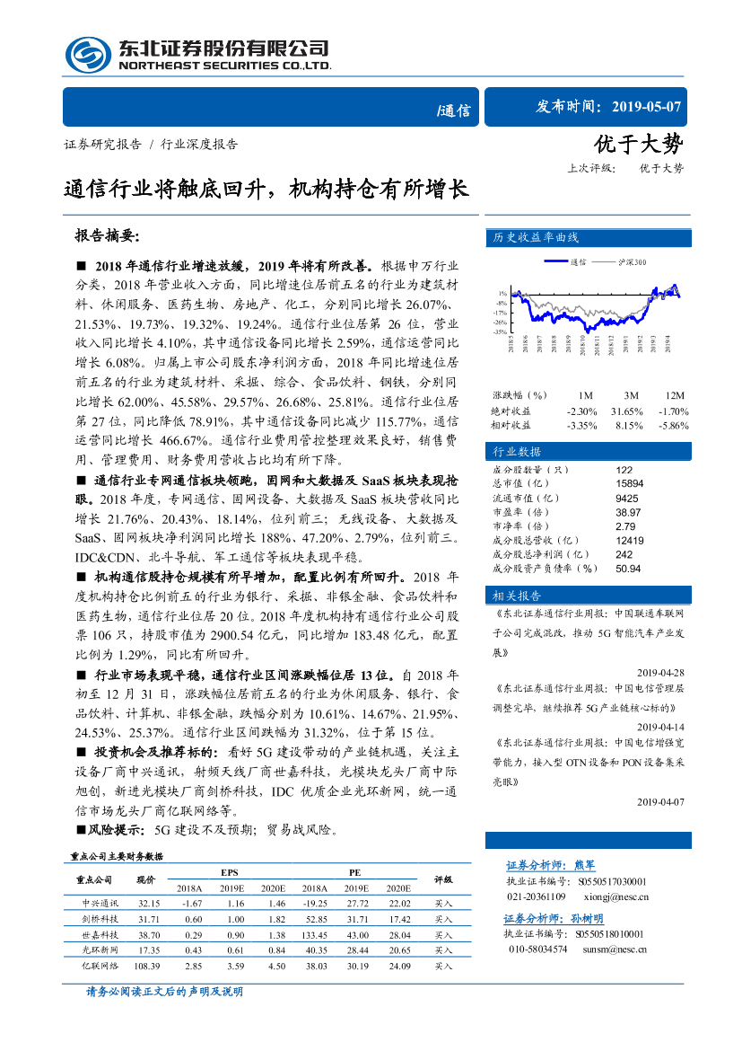 通信行业深度报告：通信行业将触底回升，机构持仓有所增长-20190507-东北证券-21页通信行业深度报告：通信行业将触底回升，机构持仓有所增长-20190507-东北证券-21页_1.png