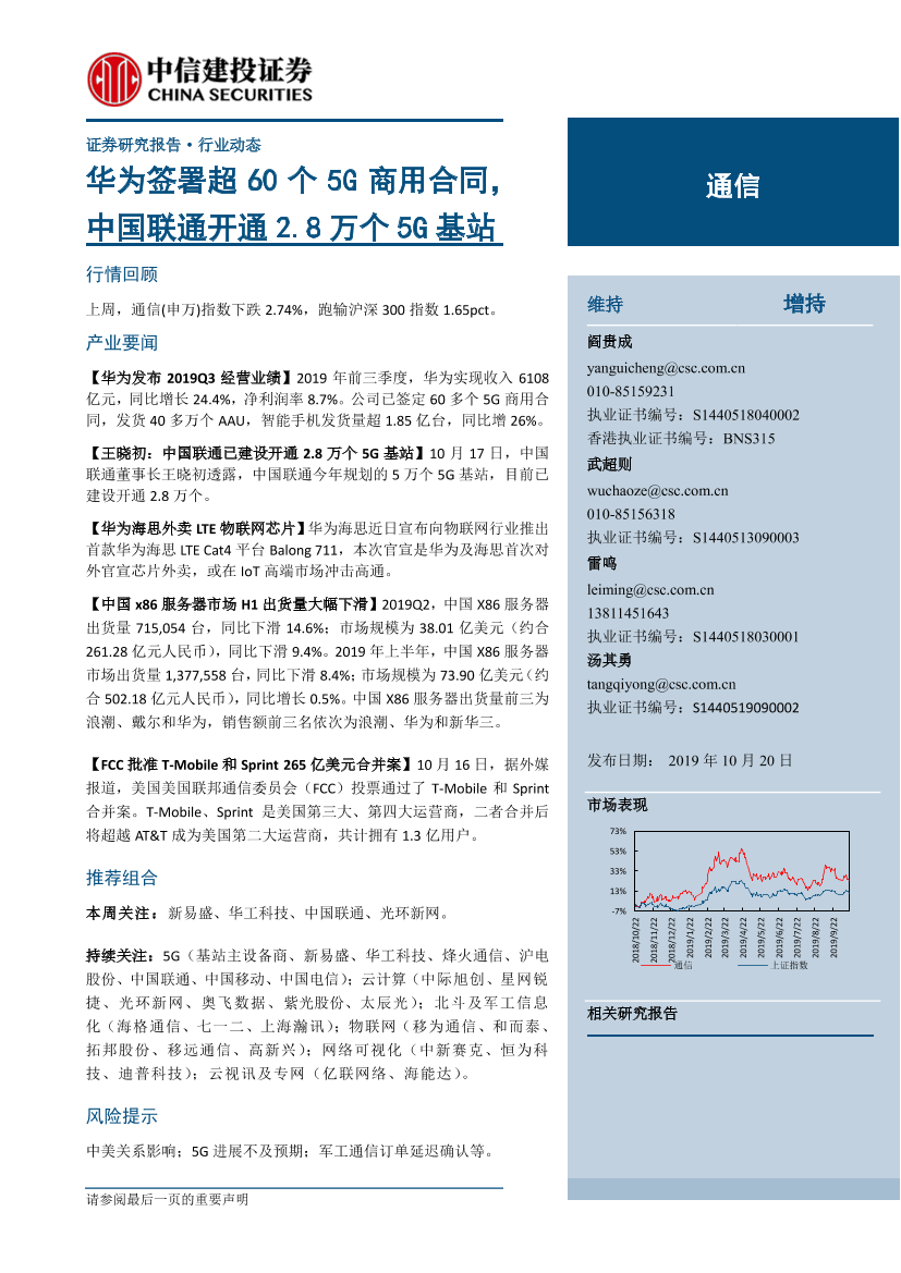 通信行业：华为签署超60个5G商用合同，中国联通开通2.8万个5G基站-20191020-中信建投-15页通信行业：华为签署超60个5G商用合同，中国联通开通2.8万个5G基站-20191020-中信建投-15页_1.png