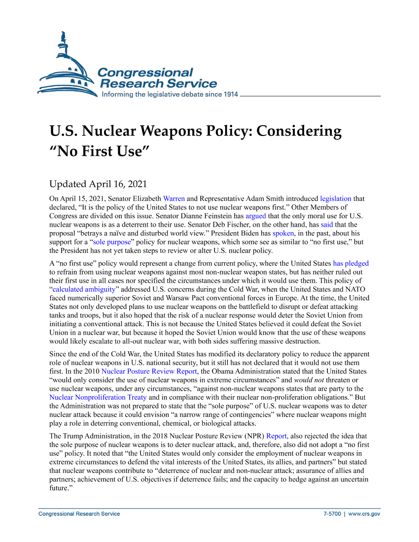 CRS-美国核武器政策：考虑“不首先使用”政策（英文）-2021.4-3页CRS-美国核武器政策：考虑“不首先使用”政策（英文）-2021.4-3页_1.png