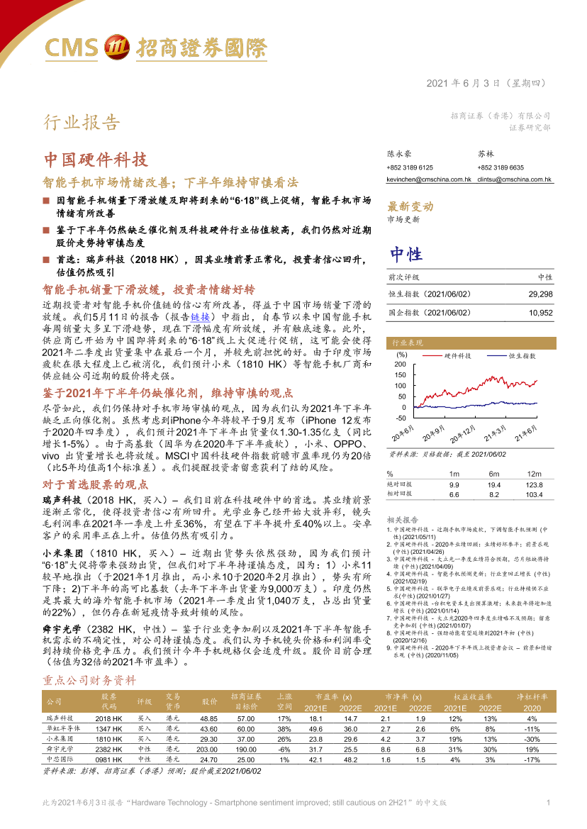 中国硬件科技行业：智能手机市场情绪改善；下半年维持审慎看法-20210603-招商证券（香港）-11页中国硬件科技行业：智能手机市场情绪改善；下半年维持审慎看法-20210603-招商证券（香港）-11页_1.png