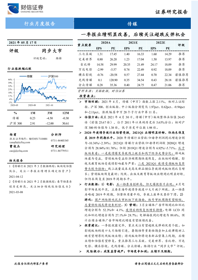 传媒行业月度报告：一季报业绩明显改善，后续关注超跌反弹机会-20210517-财信证券-22页传媒行业月度报告：一季报业绩明显改善，后续关注超跌反弹机会-20210517-财信证券-22页_1.png