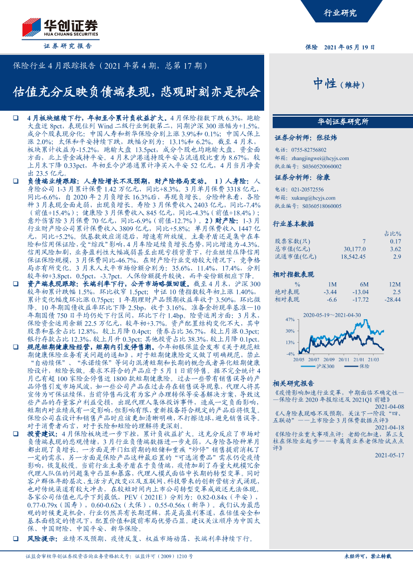 保险行业4月跟踪报告（2021年第4期，总第17期）：估值充分反映负债端表现，悲观时刻亦是机会-20210519-华创证券-24页保险行业4月跟踪报告（2021年第4期，总第17期）：估值充分反映负债端表现，悲观时刻亦是机会-20210519-华创证券-24页_1.png