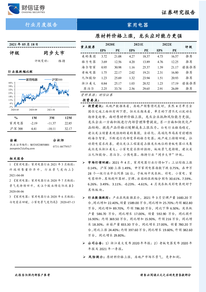 家用电器行业月度报告：原材料价格上涨，龙头应对能力更强-20210518-财信证券-11页家用电器行业月度报告：原材料价格上涨，龙头应对能力更强-20210518-财信证券-11页_1.png