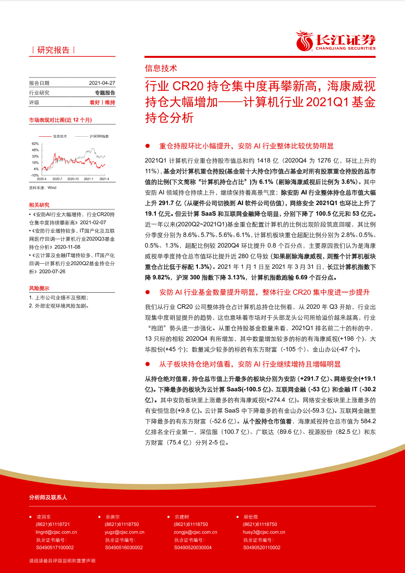 计算机行业2021Q1基金持仓分析：行业CR20持仓集中度再攀新高，海康威视持仓大幅增加-20210427-长江证券-10页计算机行业2021Q1基金持仓分析：行业CR20持仓集中度再攀新高，海康威视持仓大幅增加-20210427-长江证券-10页_1.png