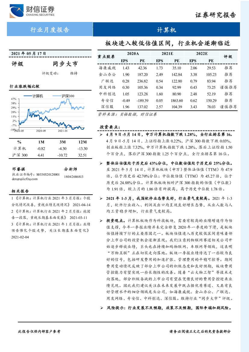 计算机行业月度报告：板块进入较低估值区间，行业机会逐渐临近-20210517-财信证券-16页计算机行业月度报告：板块进入较低估值区间，行业机会逐渐临近-20210517-财信证券-16页_1.png