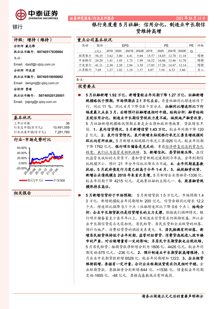 银行业角度看5月社融：信用分化，制造业中长期信贷维持高增-20210610-中泰证券-17页银行业角度看5月社融：信用分化，制造业中长期信贷维持高增-20210610-中泰证券-17页_1.png