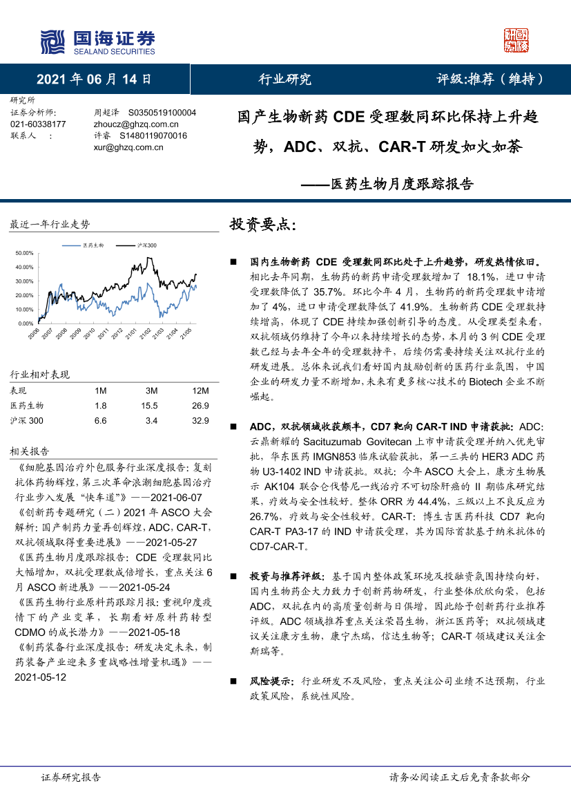 医药生物行业月度跟踪报告：国产生物新药CDE受理数同环比保持上升趋势，ADC、双抗、CAR~T研发如火如荼-20210614-国海证券-21页医药生物行业月度跟踪报告：国产生物新药CDE受理数同环比保持上升趋势，ADC、双抗、CAR~T研发如火如荼-20210614-国海证券-21页_1.png