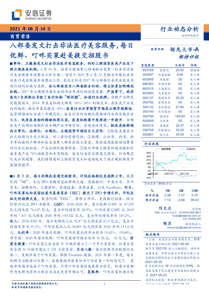 商贸零售行业：八部委发文打击非法医疗美容服务，每日优鲜、叮咚买菜赴美提交招股书-20210614-安信证券-20页商贸零售行业：八部委发文打击非法医疗美容服务，每日优鲜、叮咚买菜赴美提交招股书-20210614-安信证券-20页_1.png