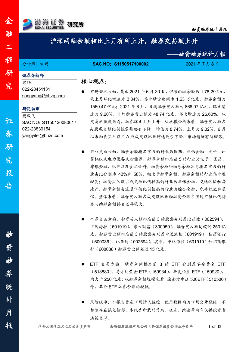 融资融券统计月报：沪深两融余额相比上月有所上升，融券交易额上升-20210708-渤海证券-13页融资融券统计月报：沪深两融余额相比上月有所上升，融券交易额上升-20210708-渤海证券-13页_1.png