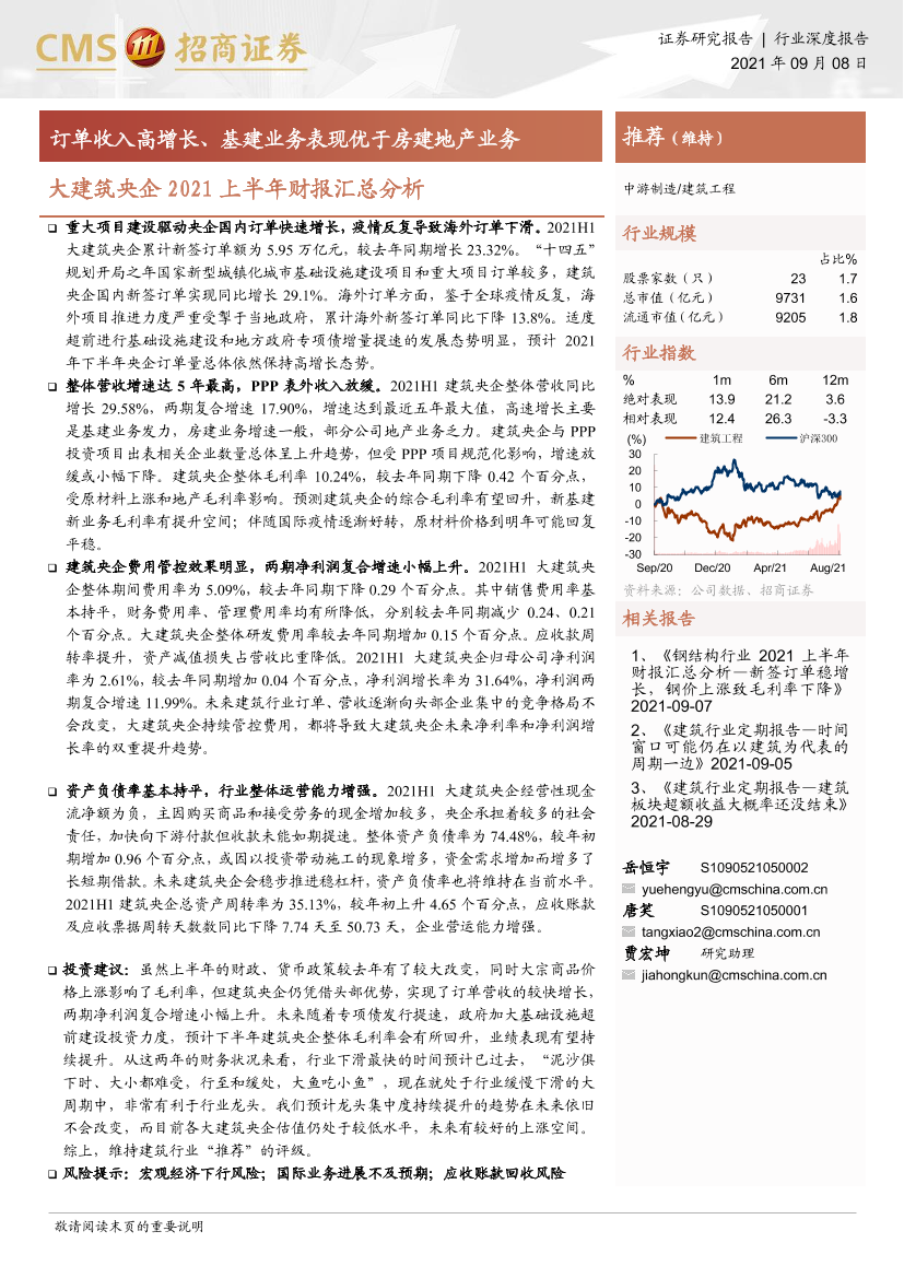 建筑工程行业大建筑央企2021上半年财报汇总分析：订单收入高增长、基建业务表现优于房建地产业务-20210908-招商证券-15页建筑工程行业大建筑央企2021上半年财报汇总分析：订单收入高增长、基建业务表现优于房建地产业务-20210908-招商证券-15页_1.png