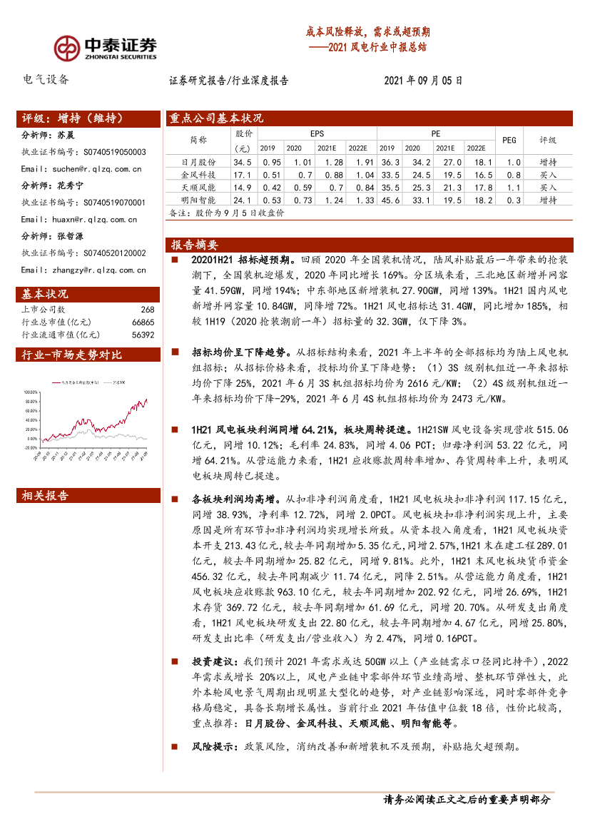 电气设备行业2021风电行业中报总结：成本风险释放，需求或超预期-20210905-中泰证券-23页电气设备行业2021风电行业中报总结：成本风险释放，需求或超预期-20210905-中泰证券-23页_1.png