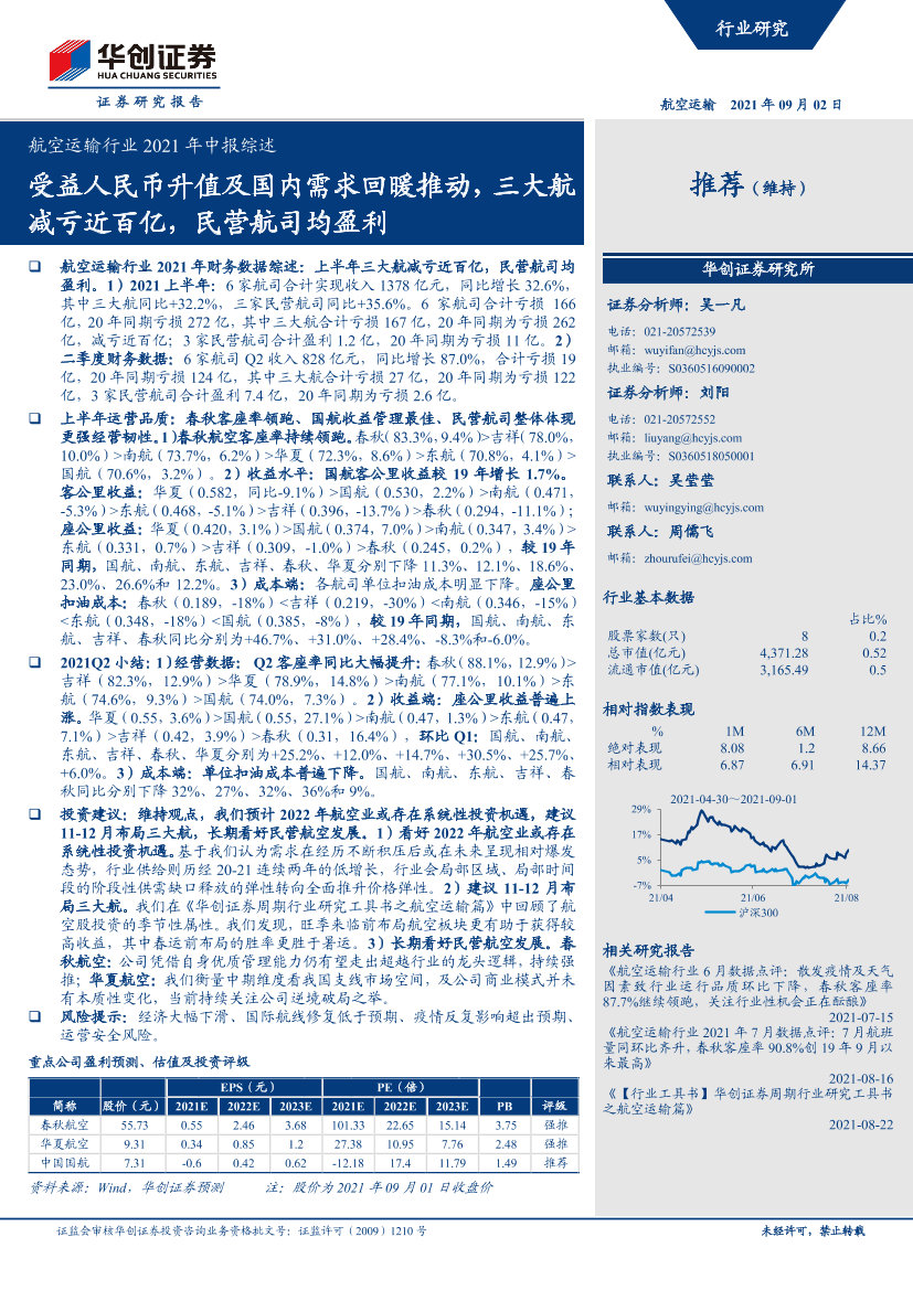 航空运输行业2021年中报综述：受益人民币升值及国内需求回暖推动，三大航减亏近百亿，民营航司均盈利-20210902-华创证券-19页航空运输行业2021年中报综述：受益人民币升值及国内需求回暖推动，三大航减亏近百亿，民营航司均盈利-20210902-华创证券-19页_1.png