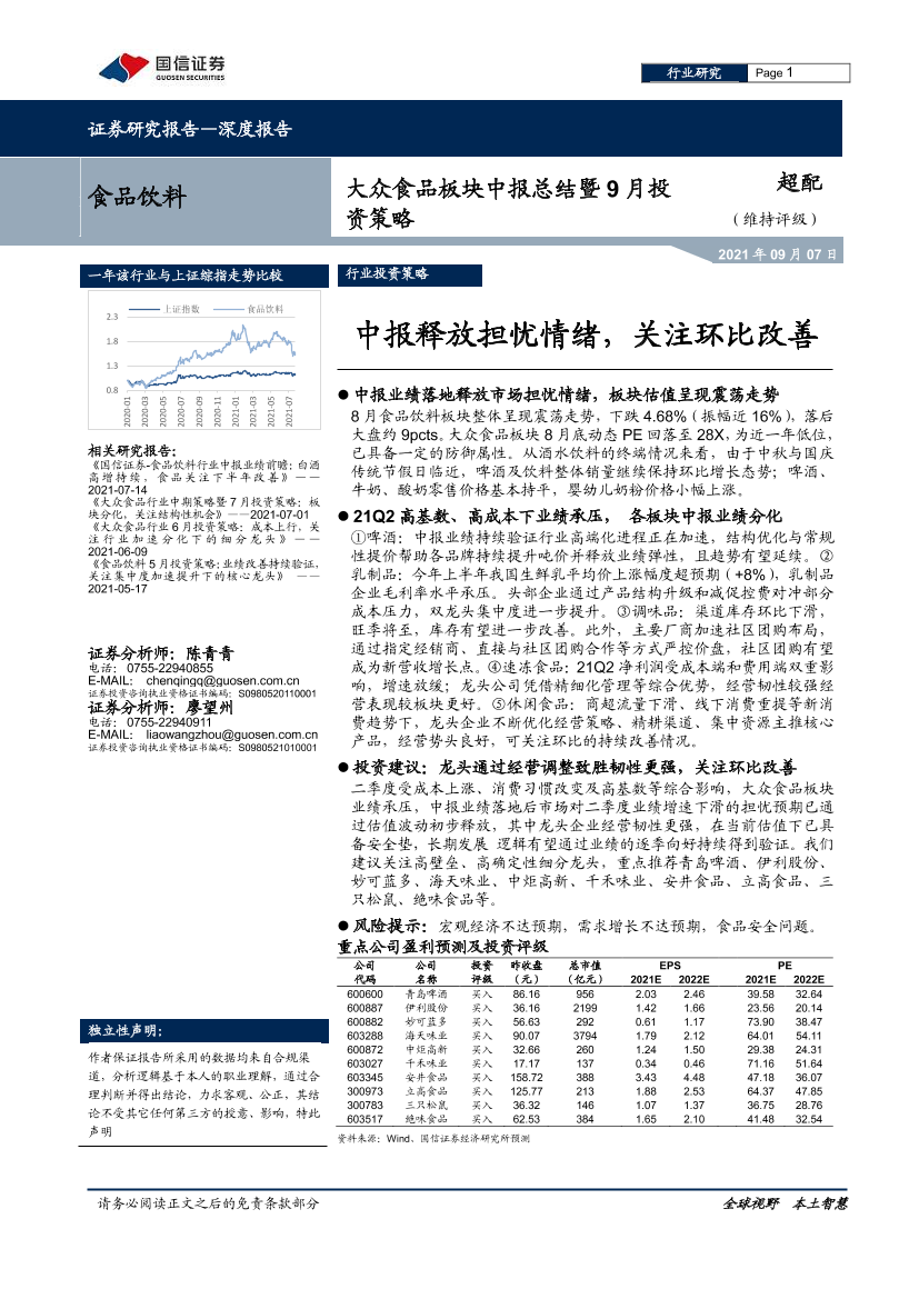 食品饮料行业大众食品板块中报总结暨9月投资策略：中报释放担忧情绪，关注环比改善-20210907-国信证券-21页食品饮料行业大众食品板块中报总结暨9月投资策略：中报释放担忧情绪，关注环比改善-20210907-国信证券-21页_1.png