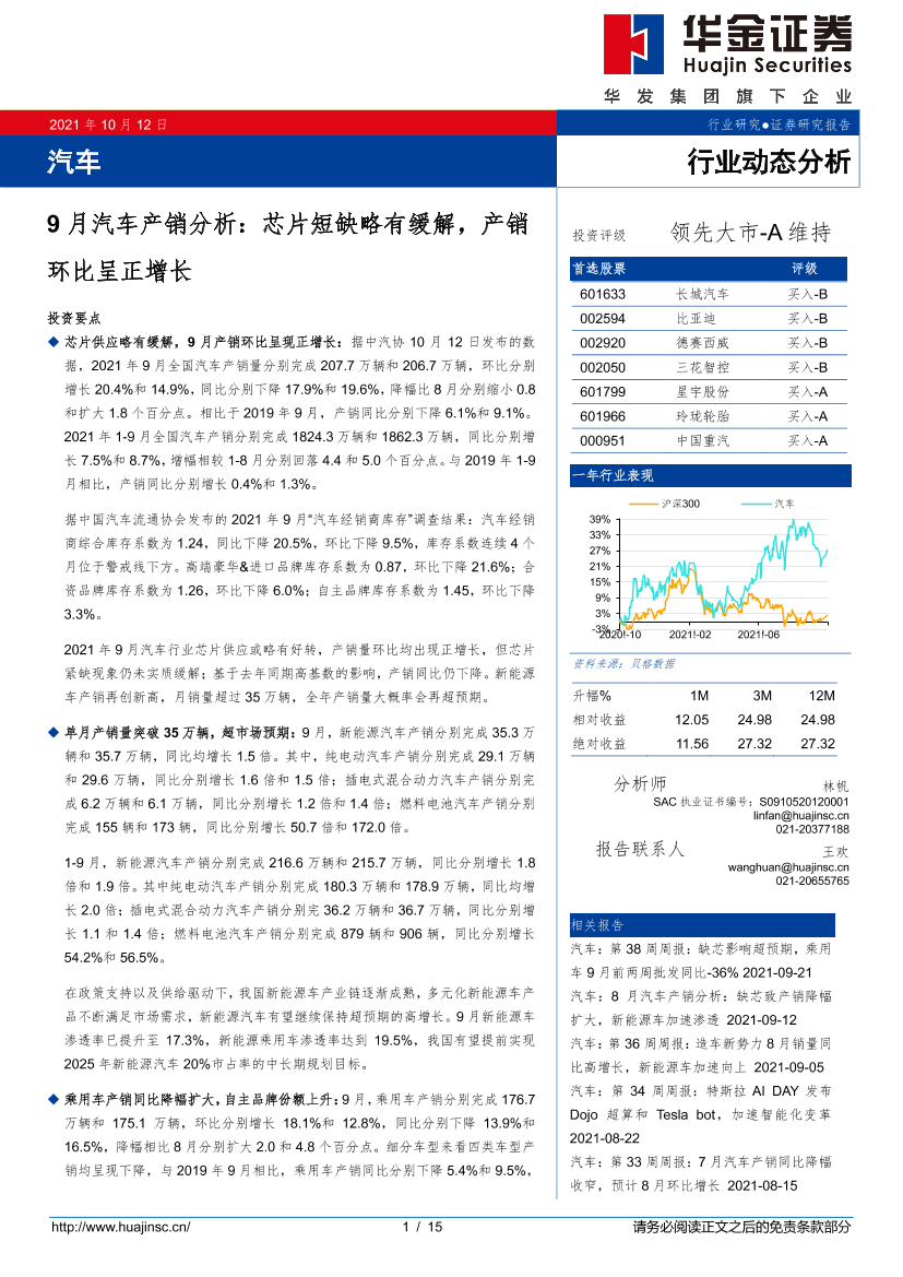 汽车行业9月汽车产销分析：芯片短缺略有缓解，产销环比呈正增长-20211012-华金证券-15页汽车行业9月汽车产销分析：芯片短缺略有缓解，产销环比呈正增长-20211012-华金证券-15页_1.png