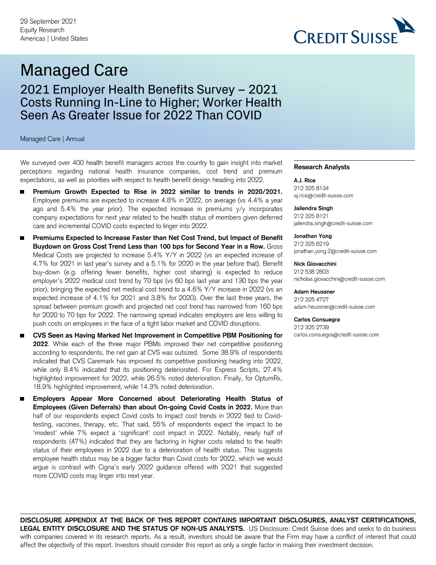 瑞信-美股管理式医疗行业-2021年雇主健康福利调查：2021年成本将继续上升-2021.9.29-64页瑞信-美股管理式医疗行业-2021年雇主健康福利调查：2021年成本将继续上升-2021.9.29-64页_1.png