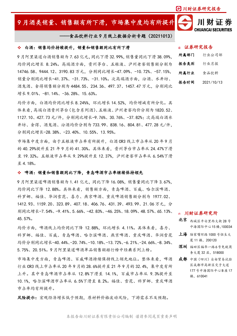 食品饮料行业9月线上数据分析专题：9月酒类销量、销售额有所下滑，市场集中度均有所提升-20211013-川财证券-15页食品饮料行业9月线上数据分析专题：9月酒类销量、销售额有所下滑，市场集中度均有所提升-20211013-川财证券-15页_1.png