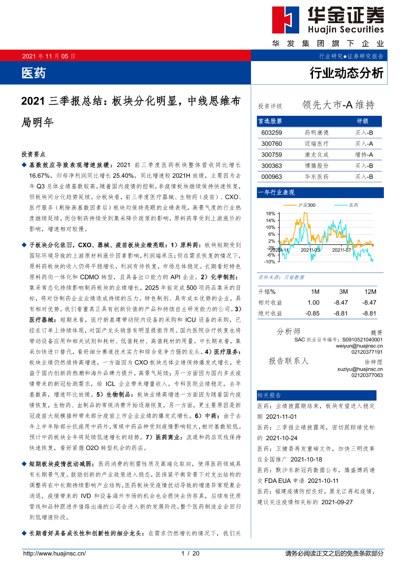 医药行业动态分析：2021三季报总结，板块分化明显，中线思维布局明年-20211105-华金证券-20页医药行业动态分析：2021三季报总结，板块分化明显，中线思维布局明年-20211105-华金证券-20页_1.png