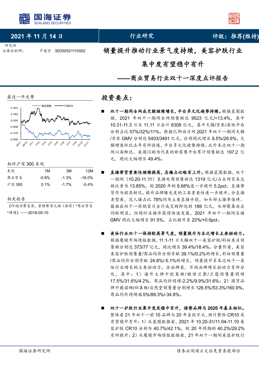 商业贸易行业双十一深度点评报告：销量提升推动行业景气度持续，美容护肤行业集中度有望稳中有升-20211114-国海证券-16页商业贸易行业双十一深度点评报告：销量提升推动行业景气度持续，美容护肤行业集中度有望稳中有升-20211114-国海证券-16页_1.png