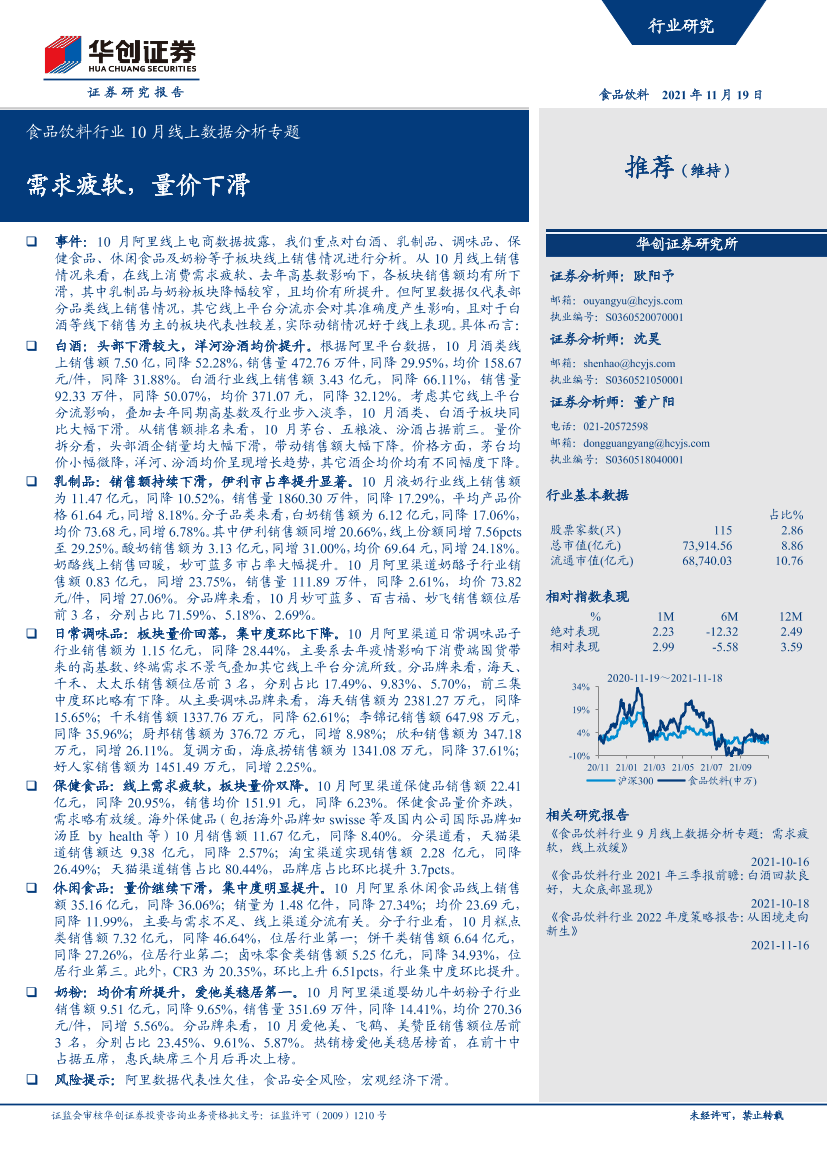 食品饮料行业10月线上数据分析专题：需求疲软，量价下滑-20211119-华创证券-22页食品饮料行业10月线上数据分析专题：需求疲软，量价下滑-20211119-华创证券-22页_1.png