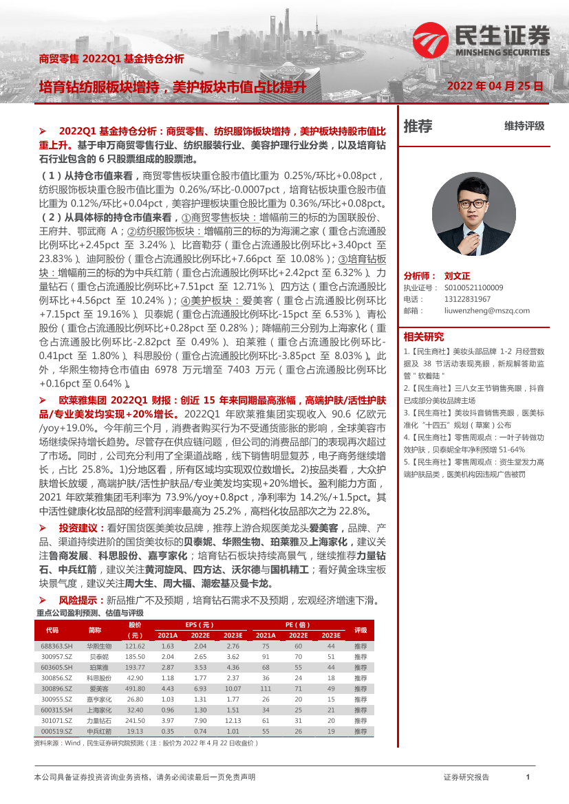 商贸零售行业2022Q1基金持仓分析：培育钻纺服板块增持，美护板块市值占比提升-20220425-民生证券-24页商贸零售行业2022Q1基金持仓分析：培育钻纺服板块增持，美护板块市值占比提升-20220425-民生证券-24页_1.png