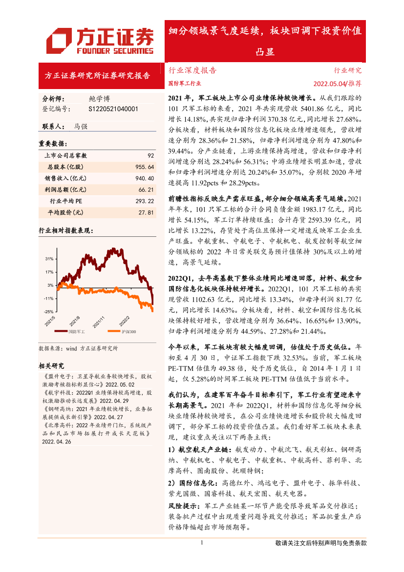 国防军工行业：细分领域景气度延续，板块回调下投资价值凸显-20220504-方正证券-22页国防军工行业：细分领域景气度延续，板块回调下投资价值凸显-20220504-方正证券-22页_1.png