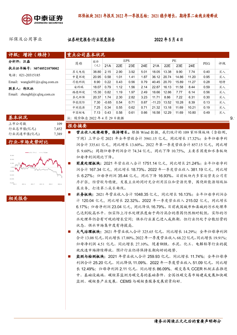 环保及公用事业行业环保板块2021年报及2022年一季报总结：2021稳步增长，期待第二曲线业绩释放-20220504-中泰证券-23页环保及公用事业行业环保板块2021年报及2022年一季报总结：2021稳步增长，期待第二曲线业绩释放-20220504-中泰证券-23页_1.png