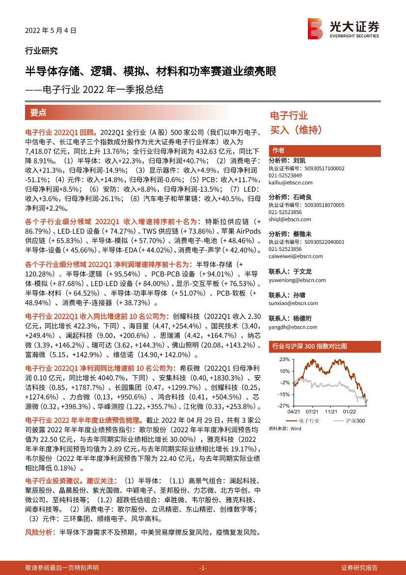 电子行业2022年一季报总结：半导体存储、逻辑、模拟、材料和功率赛道业绩亮眼-20220504-光大证券-23页电子行业2022年一季报总结：半导体存储、逻辑、模拟、材料和功率赛道业绩亮眼-20220504-光大证券-23页_1.png