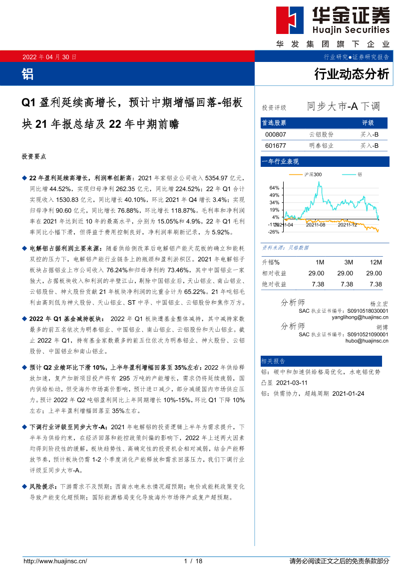 铝行业板块21年报总结及22年中期前瞻：Q1盈利延续高增长，预计中期增幅回落-20220430-华金证券-18页铝行业板块21年报总结及22年中期前瞻：Q1盈利延续高增长，预计中期增幅回落-20220430-华金证券-18页_1.png