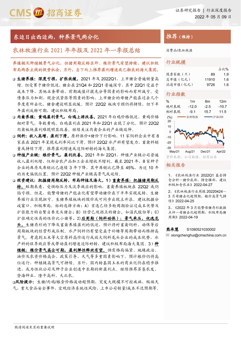 农林牧渔行业2021年年报及2022年一季报总结：东边日出西边雨，种养景气两分化-20220509-招商证券-36页农林牧渔行业2021年年报及2022年一季报总结：东边日出西边雨，种养景气两分化-20220509-招商证券-36页_1.png