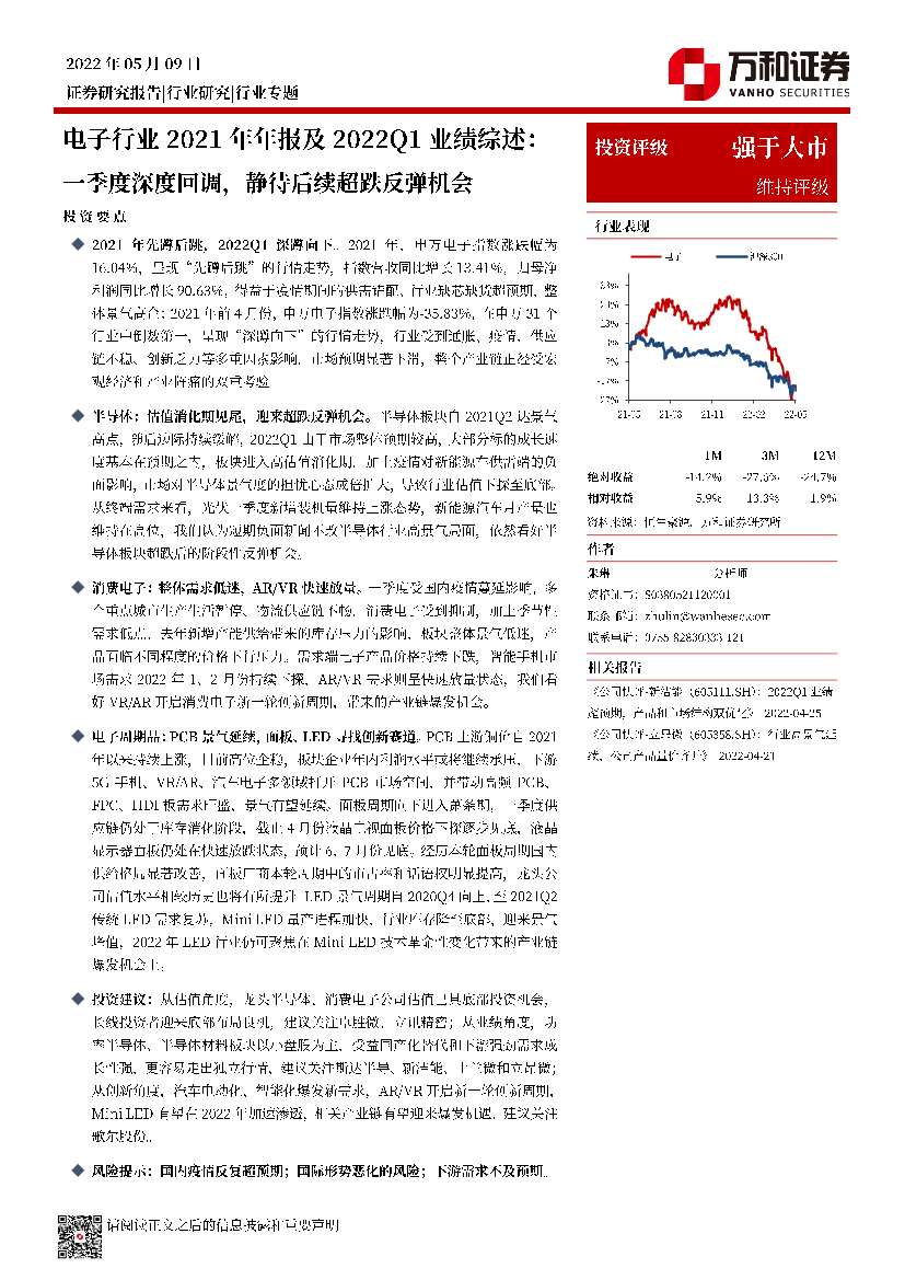 电子行业2021年年报及2022Q1业绩综述：一季度深度回调，静待后续超跌反弹机会-20220509-万和证券-22页电子行业2021年年报及2022Q1业绩综述：一季度深度回调，静待后续超跌反弹机会-20220509-万和证券-22页_1.png