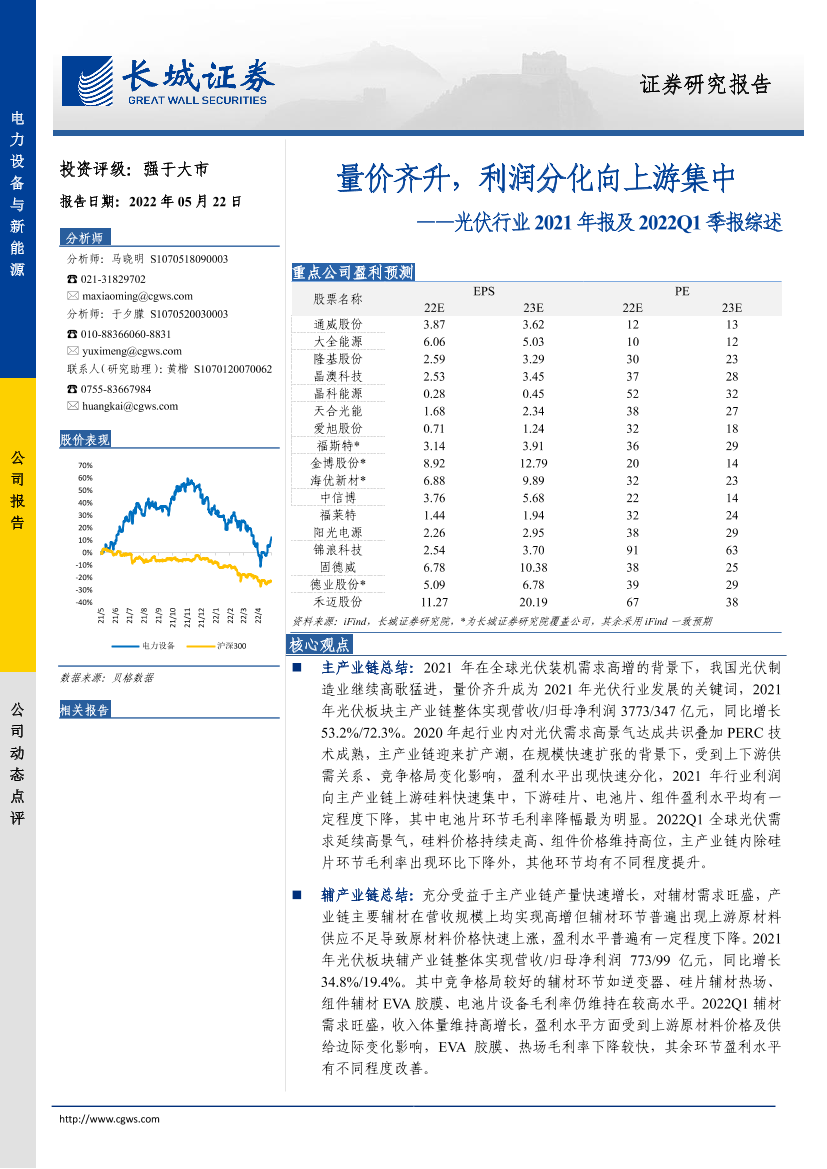 光伏行业2021年报及2022Q1季报综述：量价齐升，利润分化向上游集中-20220522-长城证券-19页光伏行业2021年报及2022Q1季报综述：量价齐升，利润分化向上游集中-20220522-长城证券-19页_1.png